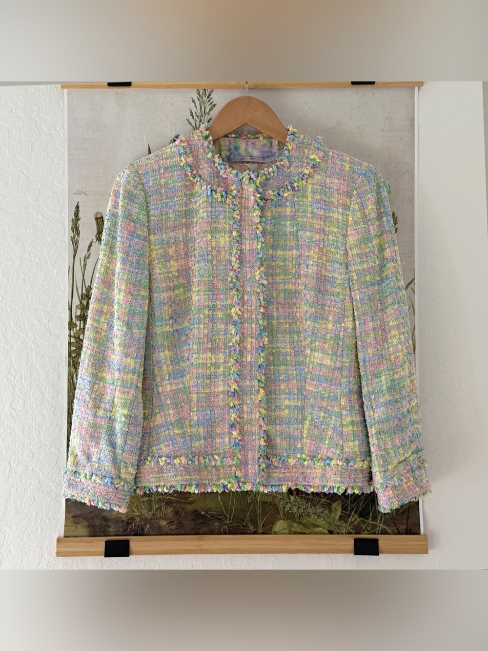 ESCADA Pastel Multicolor Tweed Fringe Jacket with Floral Silk Lining, Size 38